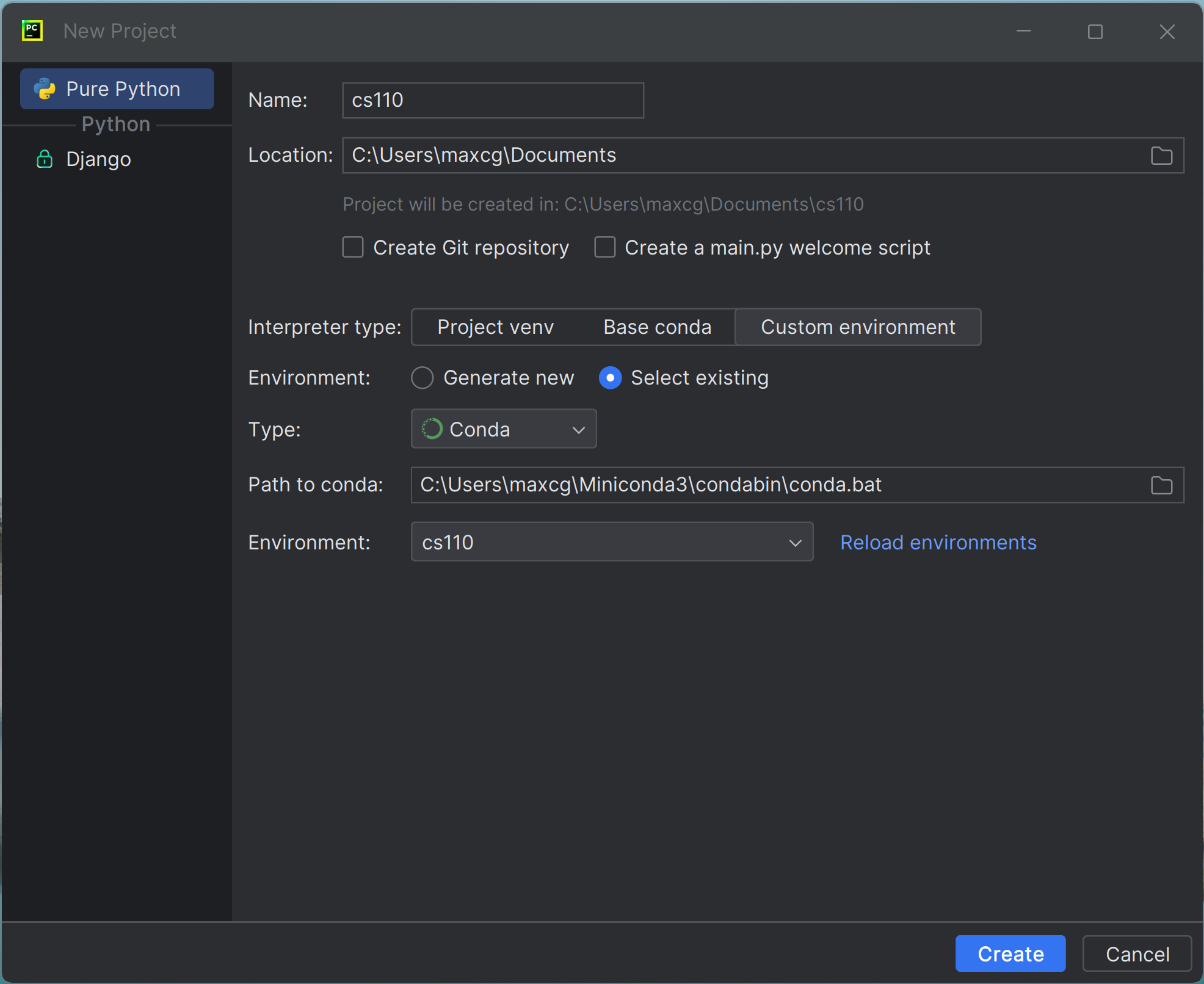 adding an existing interpreter in PyCharm on Windows