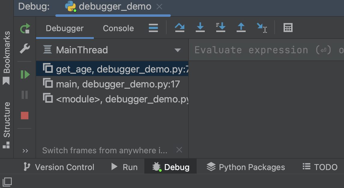 Pycharm function stack, with three functions now