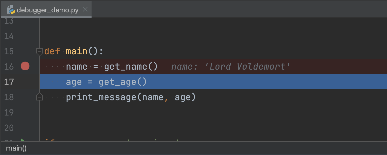 Pycharm highlighted line 17